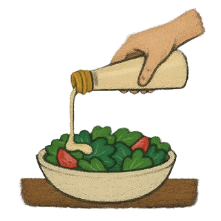 ドレッシングをサラダにかけるイラスト